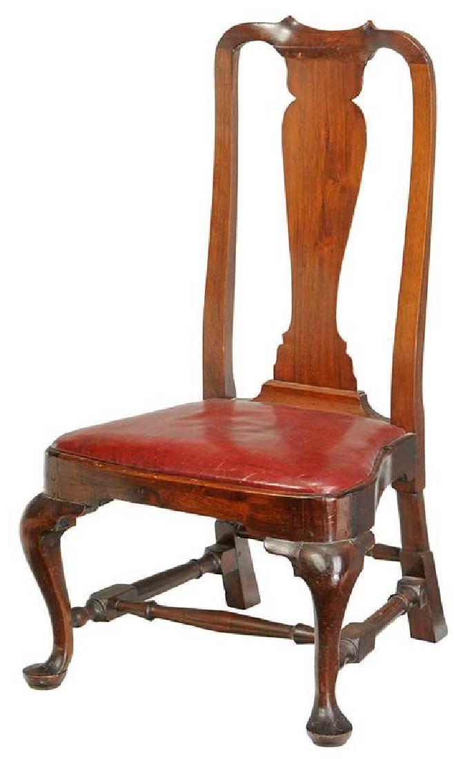 New England Queen Anne Walnut Slipper Chair: 18th century, cabriole legs, pad feet, chestnut balloon slip seat possibly of period, red leather upholstered, 37 in. , Provenance: Property from an Important South Carolina Estate