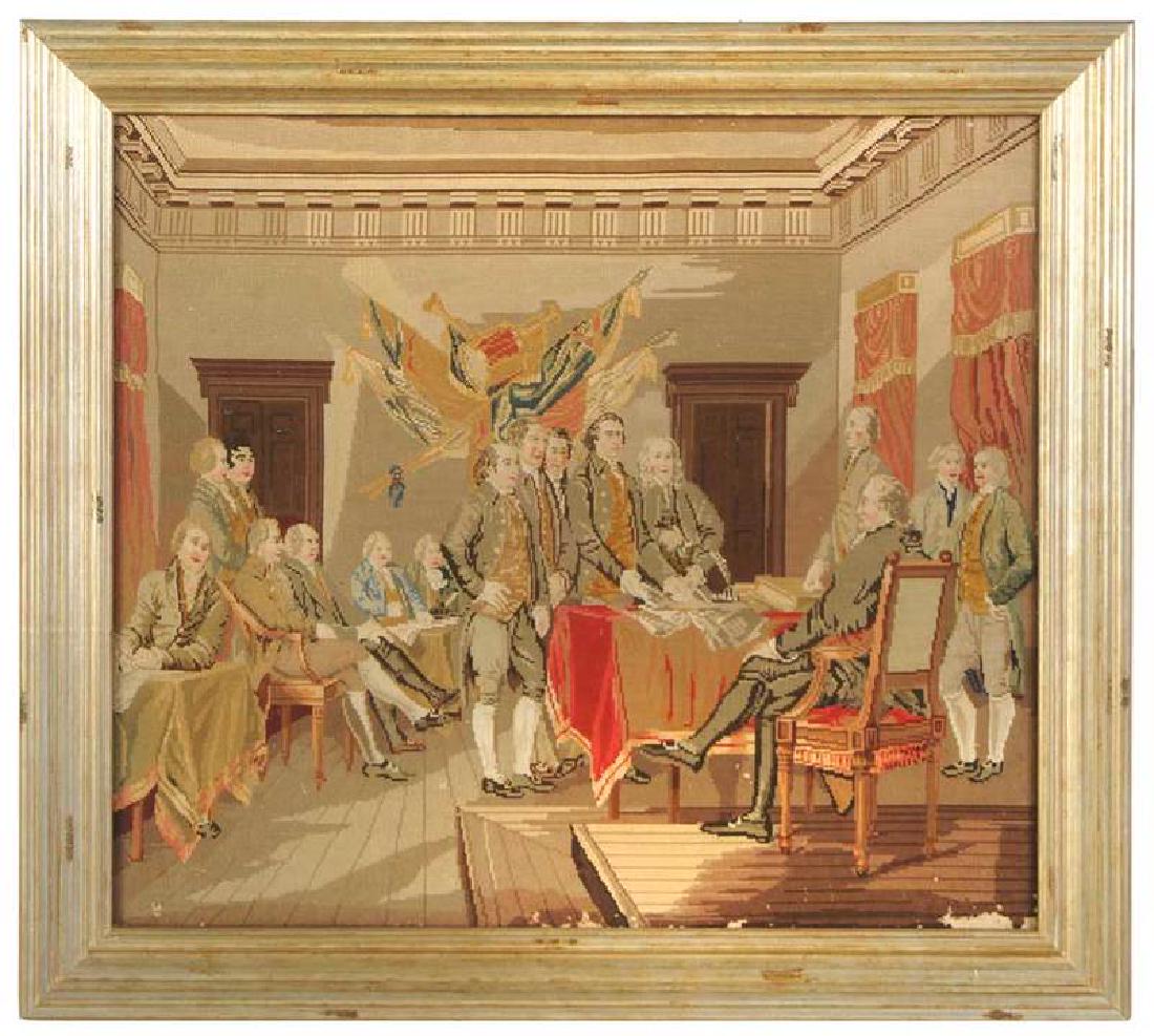 Framed Needlework, Declaration of Independence: British or American, petit point and gros point depiction of the Signing of the Declaration of Independence, wool with silk accents, later stained wood frame, 36 x 39-1/2 in. , Provenance: Prop