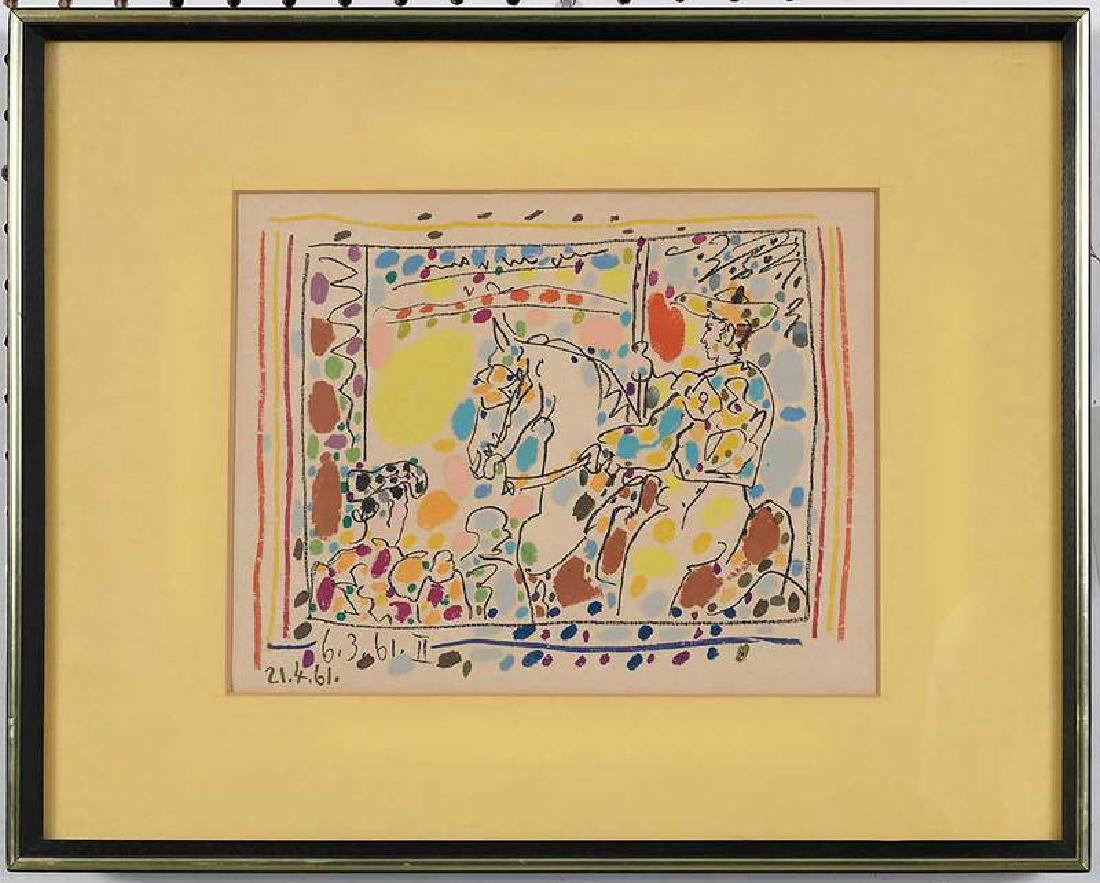 After Pablo Picasso: (Spanish, 1881–1973) from A Los Toros, unsigned, from the edition of an unknown size, Mourlot Frères, Paris, printer, Andre Sauret, Monte Carlo, publisher, lithograph, 10 x 12-3/4 i