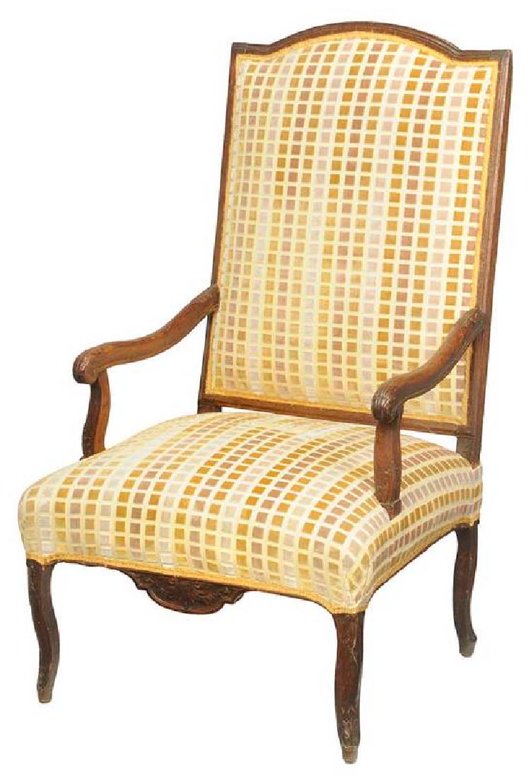 Provincial Louis XIV Carved Open Armchair: French, 18th century, beech frame, pinned construction, voided velvet upholstery, 47 in. , Provenance: