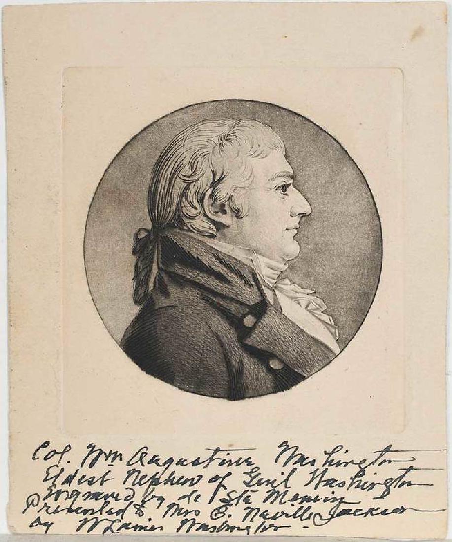 Charles Balthazar Julien Fevret de Saint-Mémin: (French, 1770–1852) William Augustine Washington III (Miles 924), 1804, mezzotint and engraving in black on wove paper, plate 2-3/4 x 2-1/2 in. sheet 3-7/8 x 3-1/4 in.; unframed Note: The inscri