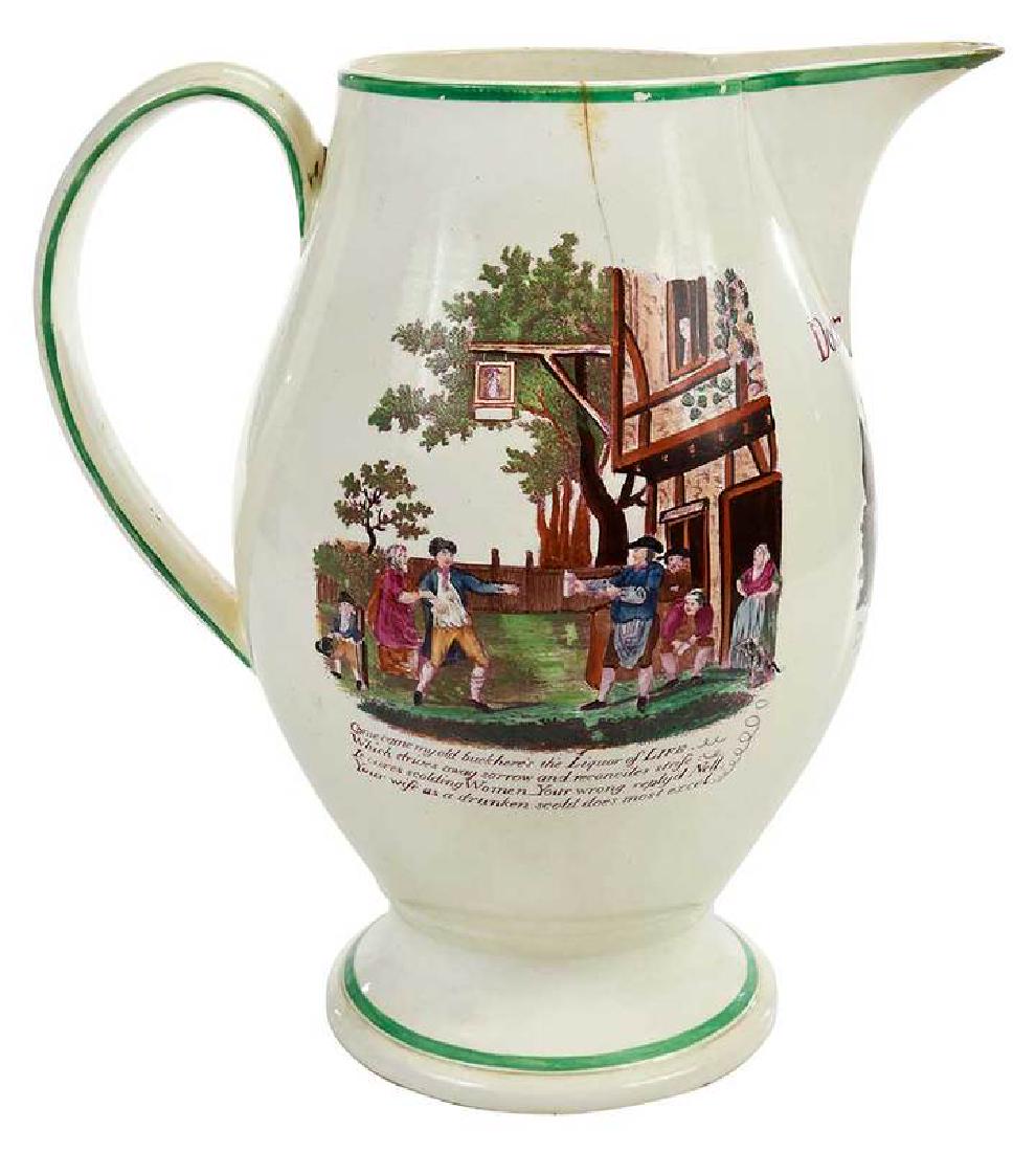 1796 Doctor Moore Creamware Tavern Pitcher: British, late 18th/early 19th century, polychrome decorated with comical drinking related scenes and verses, 11-1/2 in. , Provenance: Estate of Mr. and Mrs. Eugene Fleischer