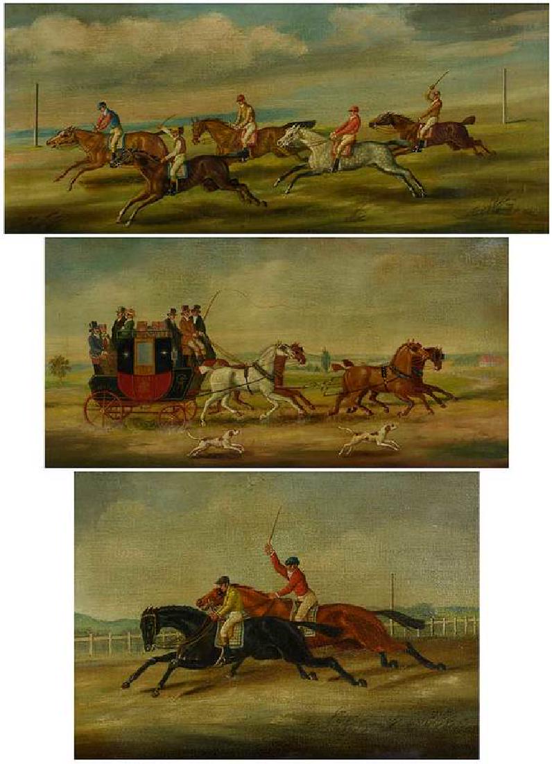 Three British Sporting Paintings: (19th century style) The Royal Mail Carriage Norwich and London, bearing monogram lower right "J.P." (manner of James Pollard), 10 x 19-7/8 in.; and two Steeple Chase scenes, bearing monogram lower ri