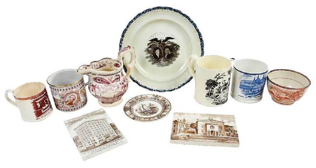 Ten Assorted Transfer Decorated Table Objects: British/Continental, 19th/early 20th century, double medallion Washington/Lafayette plate; ship decorated saucer; child's mug, "Marine Railroad Station, Manhattan Beach Hotel"; creamware hunt scene mu