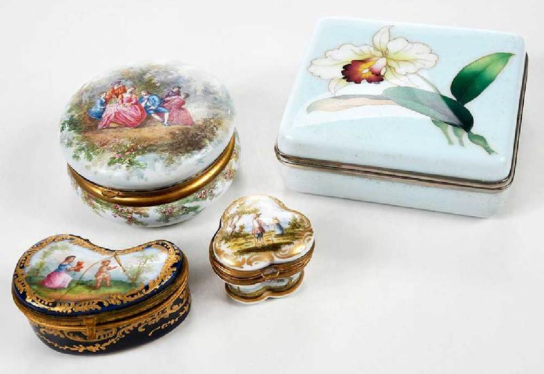 Four Enameled Bronze, Porcelain Boxes: Continental/Chinese, 19th/20th century, comprising: round, ormolu frame, hand painted enamel scene depicting courting figures, lovebirds, 3-1/4 in.; kidney form, mother and child decoration, gilt enam