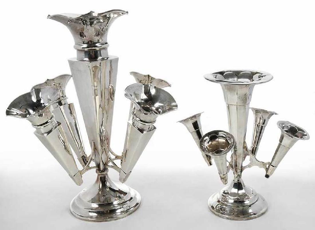 Two English Silver Epergnes: Sheffield, 20th century, both with central vase and four detachable vases, both weighted, 9-1/2 in. and 14 in. , Provenance: Property from the Estate of Colleen Conway-Welch
