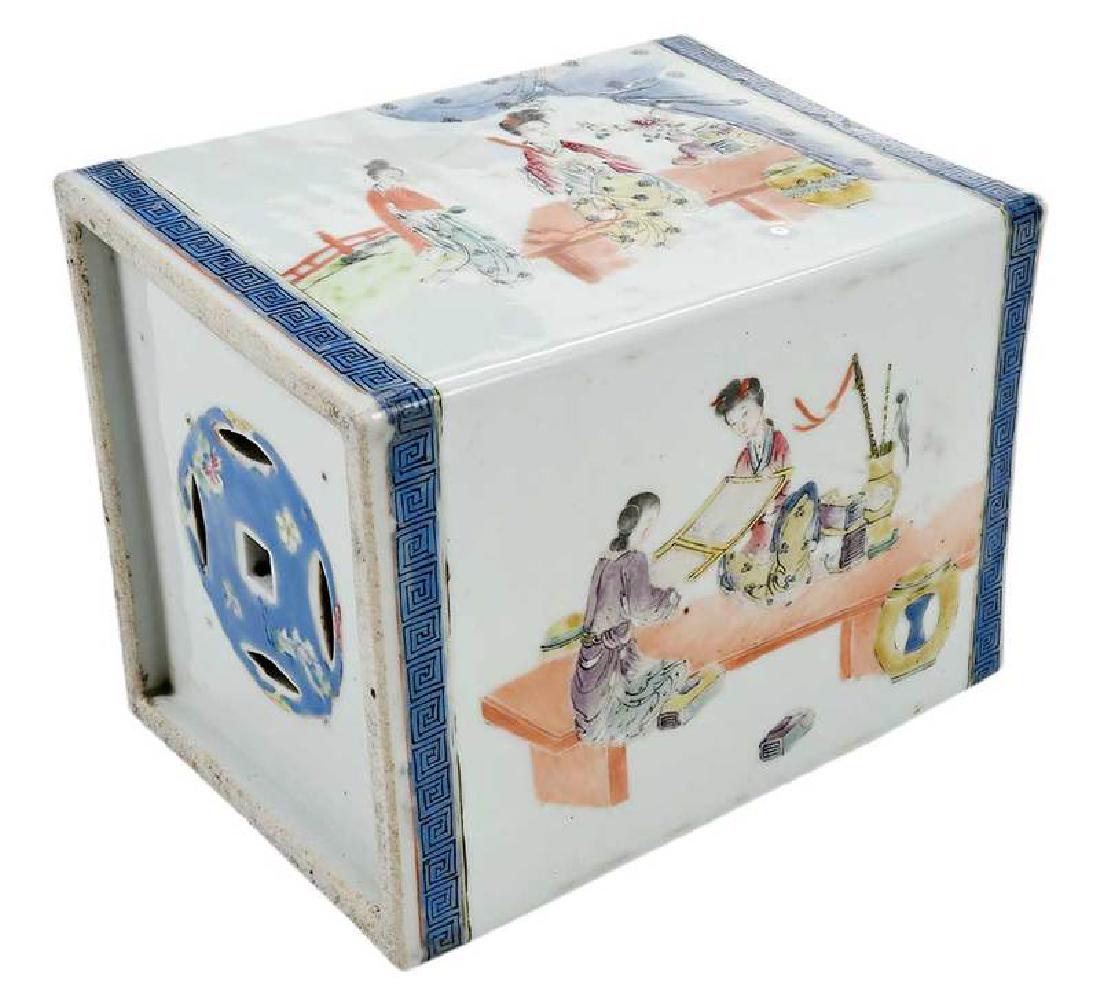 Chinese Famille Rose Porcelain Pillow: Qing dynasty, enamel decorated with female figure in various settings, Greek key border, open sides, 6-1/2 x 9-1/4 x 6 in. , Provenance: Purchased Rick Wilson, LTD. Williamsburg, Virginia, 1973; Colle