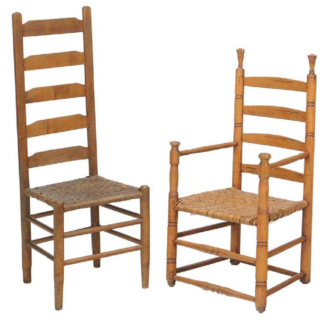 Two Early American Country Chairs: 18th/19th century, comprising: one great chair form, caned seat, turned stretchers; one tiger maple ladder back, split seat, 46-1/2 in. , Provenance: Estate of Fred T., Helen and Nel Laughon, Richmond