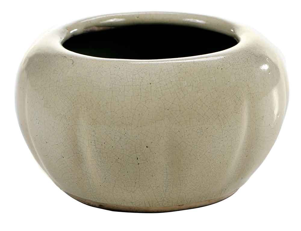 Chinese Melon Shaped Bowl: possibly Qing dynasty, earthenware ivory toned glaze with overall fine craquelure, interior green glaze, 3-1/2 x 6 in. , Provenance: Private Collection
