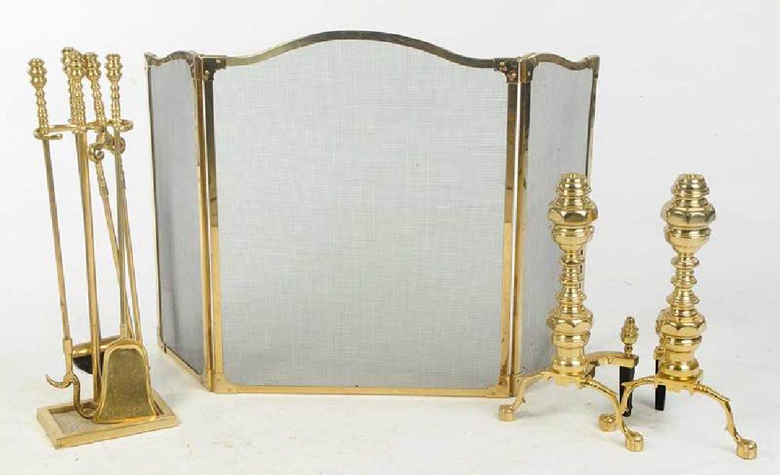 Set Classical Style Brass Fire Tools and Screen: 20th century, brass and iron, pair andirons; four fire tools; stand; trifold screen, 23 in. , Provenance: Property from the Estate of Colleen Conway-Welch