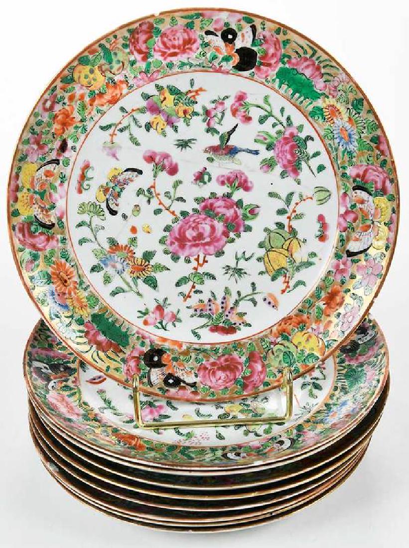 Nine Canton Chinese Export Famille Rose Plates: Qing dynasty, each rose medallion, hand painted songbird and moth decoration, 8-1/2 in. , Provenance: By Descent in the family of Governor Manning, South Carolina