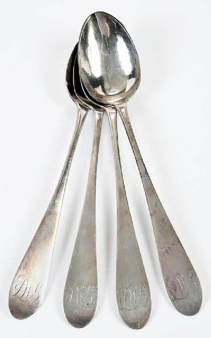 Four Maryland Coin Silver Serving Spoons: American, 19th century, including oval handles, with marks for Standish Barry (Baltimore, Maryland, working 1784-1810), monograms, 7.15 oz. T., 9-1/4 in. , Provenance: Private Collection, South Caroli