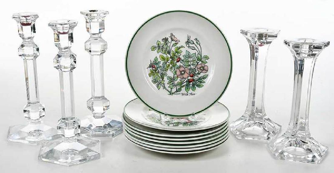 13 Tableware Objects, Tiffany Plates, Candelabra: 20th century, comprising: set eight ceramic salad plates, Wild Flowers for Tiffany & Co. by Johnson Brothers, England, 8 in.; set three glass candlesticks, etched marks for Val Saint Lambert, 9-1-2 in