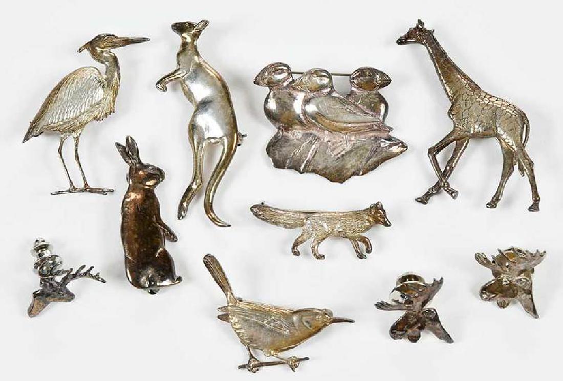 10 V. Pond Sterling Silver Brooches and Pins: including: birds, fox, moose, kangaroo and giraffe, 1/2 x 1-3/8 to 2 x 1-5/8 in., 46.8 grams , Provenance: Private Collection, Nashville, Tennessee