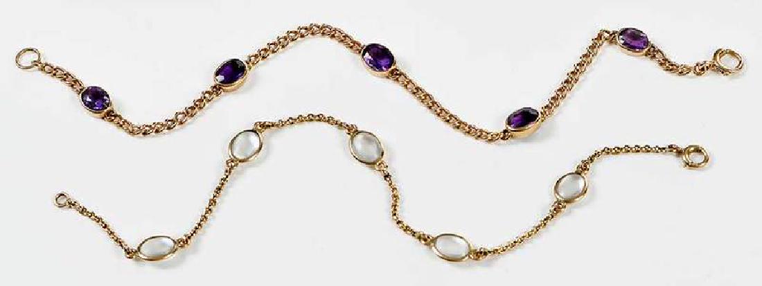 Two 14kt. Gold Gemstone Bracelets: one with five oval cabochon moonstones, other with five oval faceted amethysts, both tested 14kt. yellow gold, 7-3/4 in. lg., 9.8 grams , Provenance: Private Collection, Asheville, North Carolina