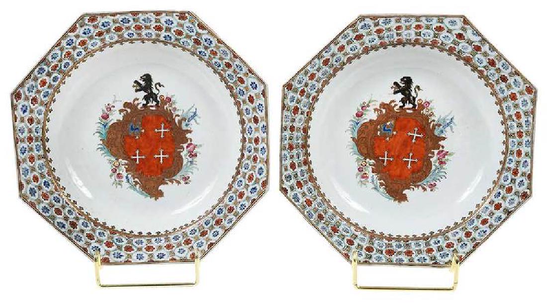 Pair of Chinese Export Bowls, Arms of Chase: Chinese, 18th century, hexagonal famille rose soup bowls with gilt decoration, geometric floral borders, central armorial image of the Arms of Chase, label on reverse reads "Charles Perry, Chinese Exp
