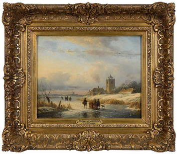 Attributed to Willem de Klerk: (Flemish, 1800-1876) Figures on a Frozen Lake, signed indistinctly "..Kler..", oil on panel, 8 x 10-1/8 in.; gilt wood and composition frame, 13-7/8 x 15-7/8 in. , Provenance: From the Collection of S