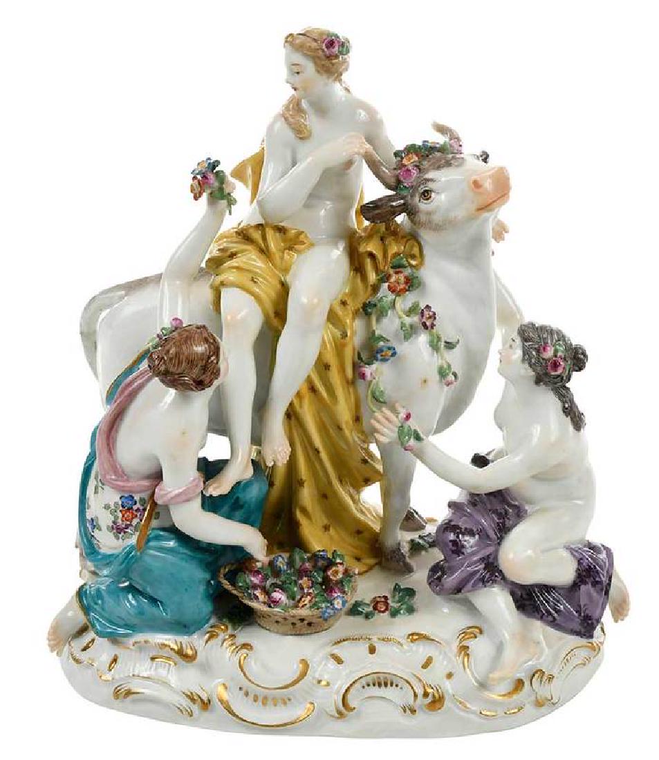 Meissen Figurine Europa And The Bull: German, 19th/20th century, figural group of Europa astride a bull with two attendants, decorated with floral swags, impressed mark "2967" with blue crossed swords mark on base, 8-1/4 in. , Provenance: