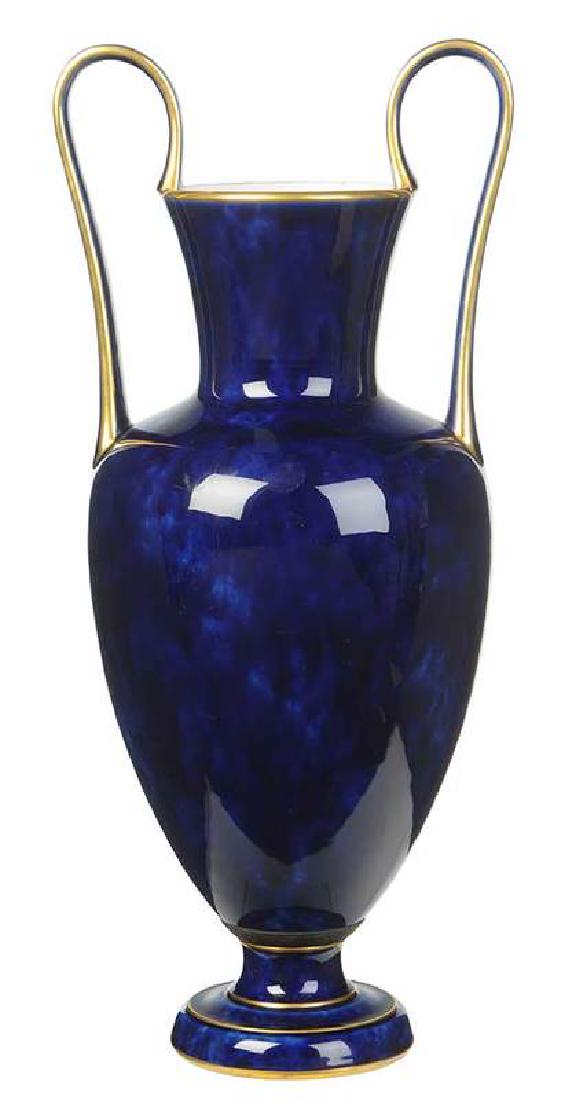 Sevres Cobalt Blue Two Handled Vase: French, circa 1888, ornate gilding on cobalt ground, "Dore A Sevres/88" brick red circular mark, 19 in. Note: