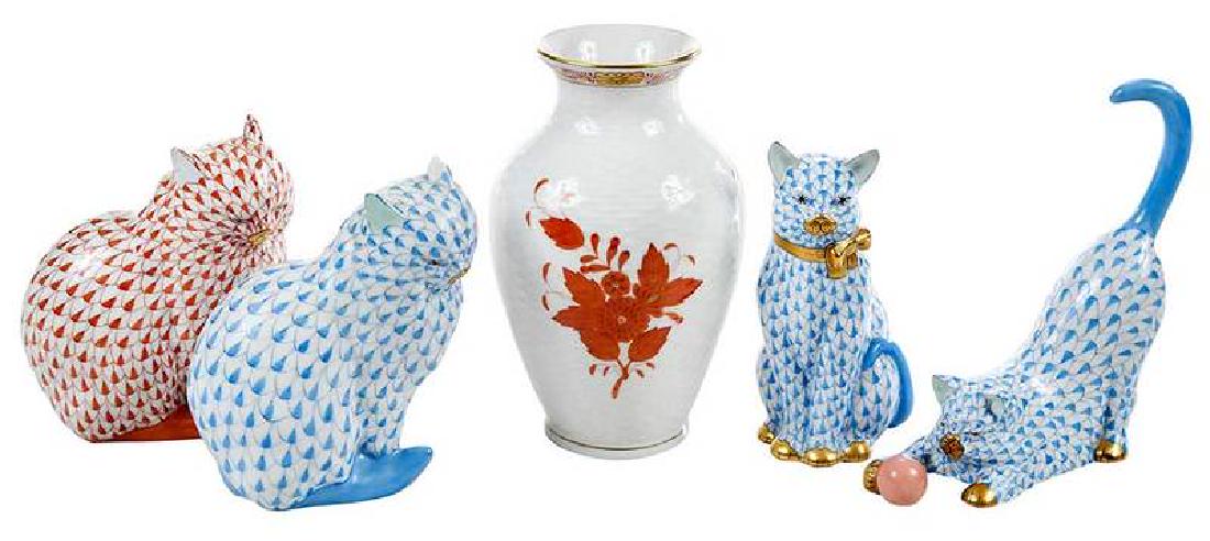 Five Herend Porcelain Objects, Cats, Vase: Hungarian, 20th/21st century, each with contemporary blue mark for Herend, comprising: four cats; slip decorated basket weave vase, 4-1/2 x 5-3/4 in. , Provenance: Property from the Estate of Colleen