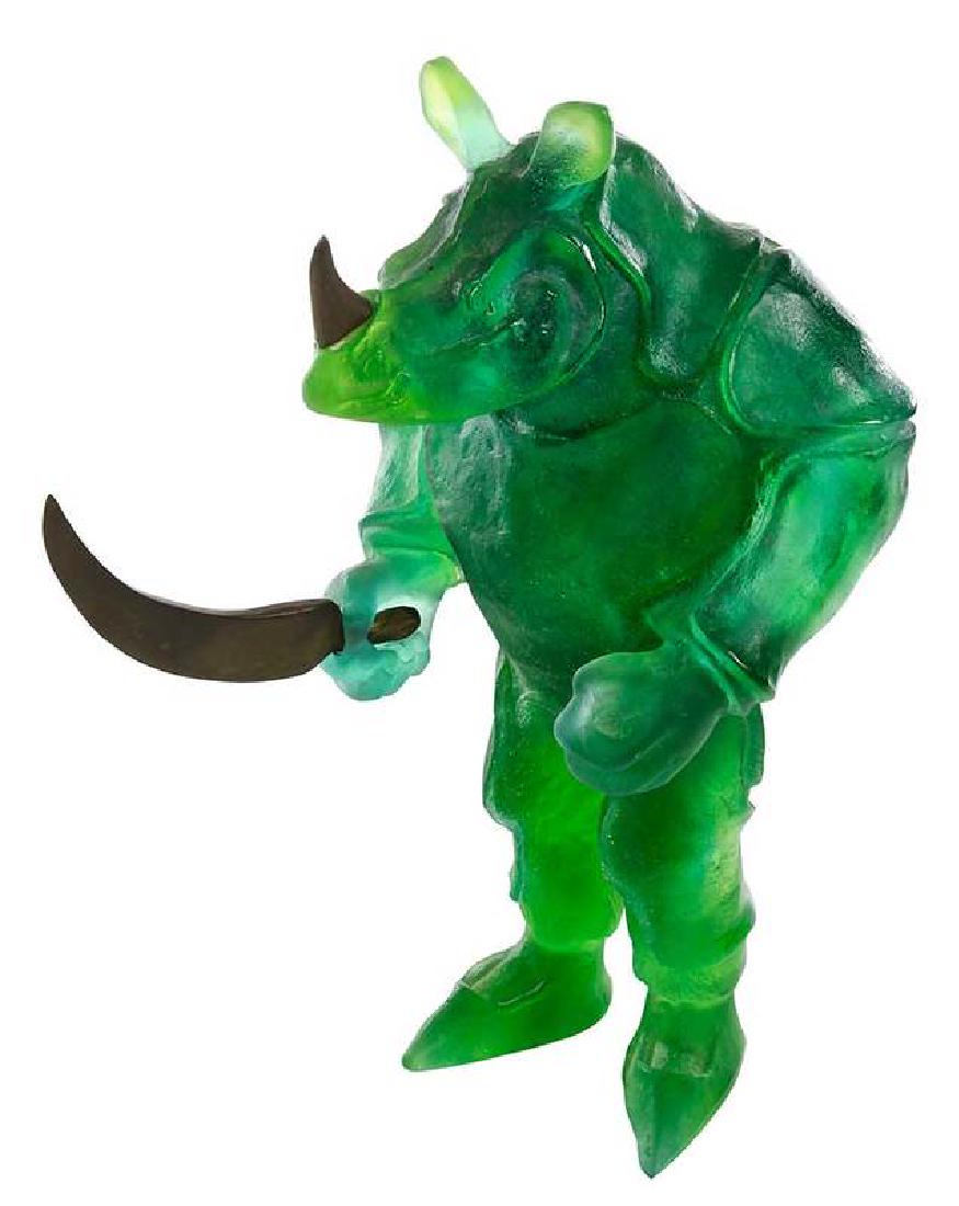Daum Pâte de Verre Green Rhino, Sword, Kerversau: French, late 20th century, Rhino Samurai style pâte de verre figure, signed by artist Gilles de Kerversau (inscribed square), inscribed left foot "Daum France 117/250"; 12-1/2 in. , Pr
