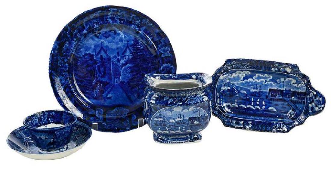 Historical Staffordshire Lafayette Earthenware: British, 19th century, five pieces dark blue transfer decorated comprising: plate, "La Grange the Residence of the Marquis Lafayette", 10 in.; sugar bowl and tray "Landing of Gen. La Fayette at Castle