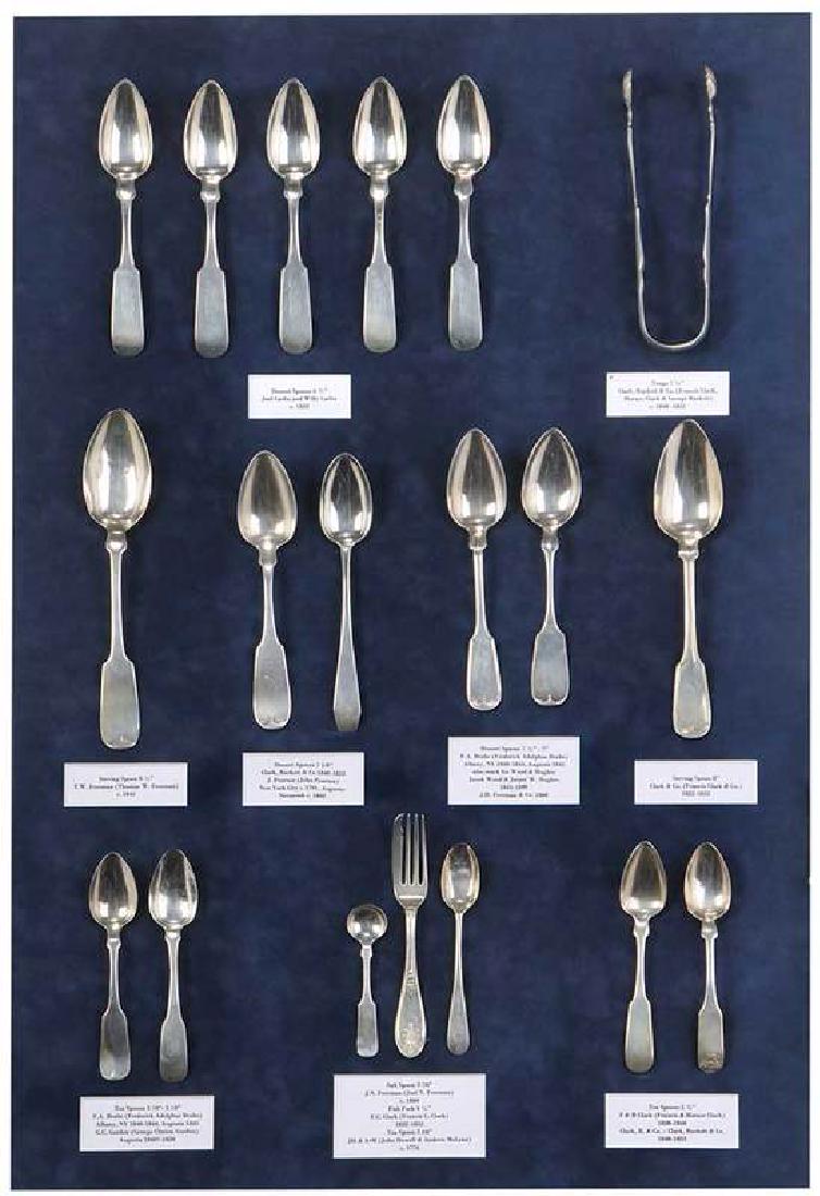 Eighteen Pieces Augusta Coin Silver Flatware: 19th century including five spoons, marks for marks for J & W Catlin (Augusta, c. 1823); coffin handle spoon, marks for John Pearson (New York City, c. 1791 and Savannah