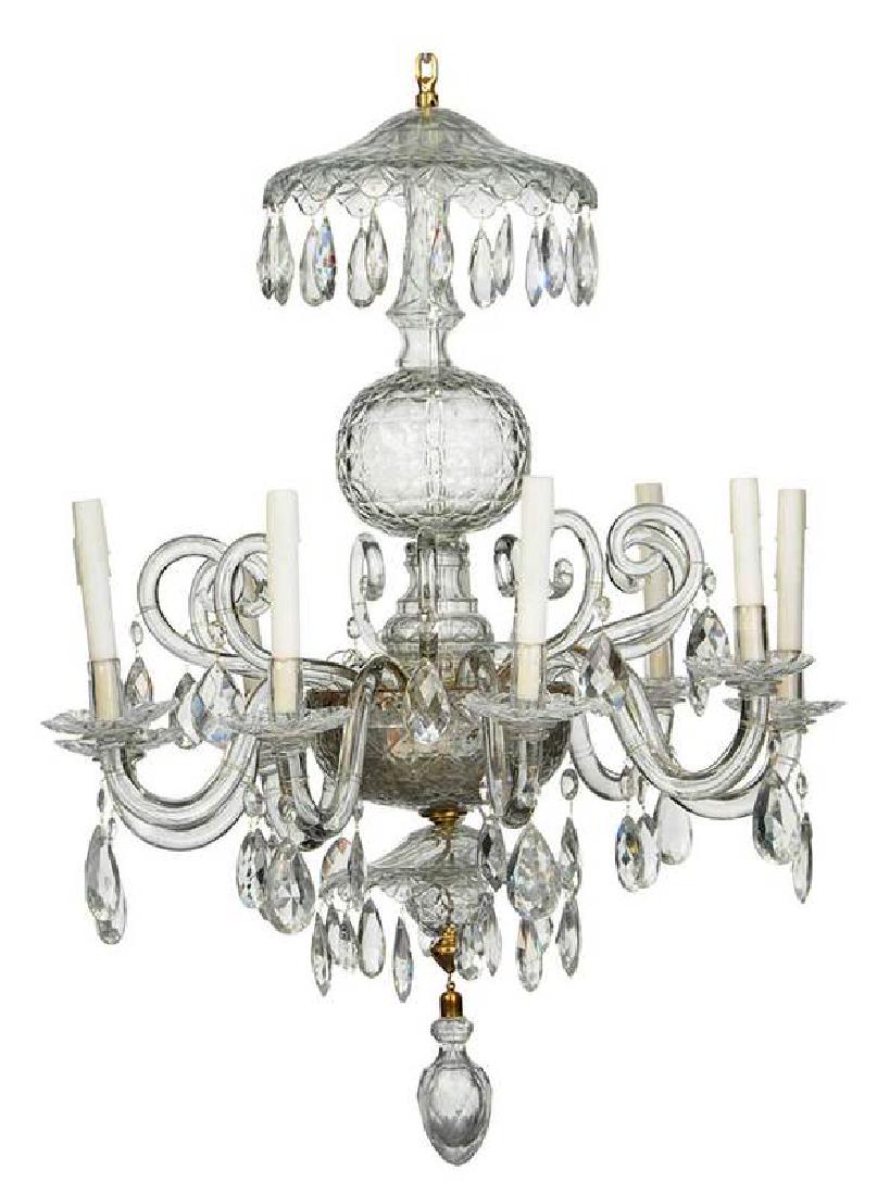 George II Style Faceted Cut Glass Chandelier: British, some period elements, typical form with central faceted ornament, 41 x 27 in. , Provenance: Colonial Williamsburg Foundation, Proceeds to Benefit the Acquisitions Fund