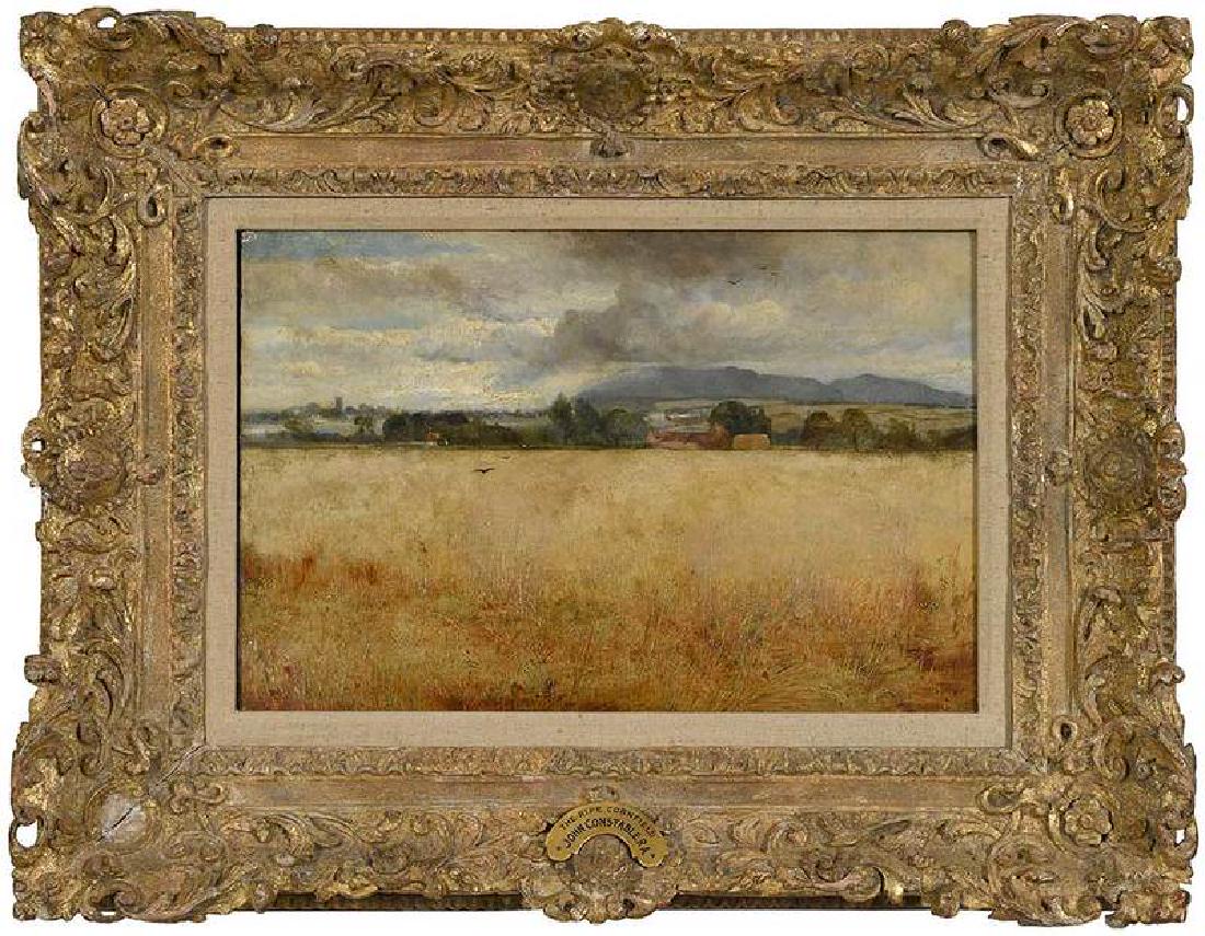 Follower of John Constable: (British, 1776-1837) The Ripe Cornfield, unsigned, oil on board laid on panel, 11-3/4 x 18 in.; gilt wood and composition frame, 21 x 27-1/4 in. Exhibited: Wadsworth Atheneum, Hartford, C