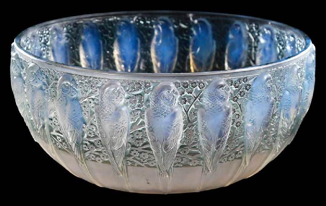R. Lalique Perruches Opalescent Glass Bowl: model introduced 1931, acid etched "R.LALIQUE/FRANCE", 4-1/4 x 9-1/2 in. , Provenance: Estate of Dr. Philip George, Memphis, Tennessee