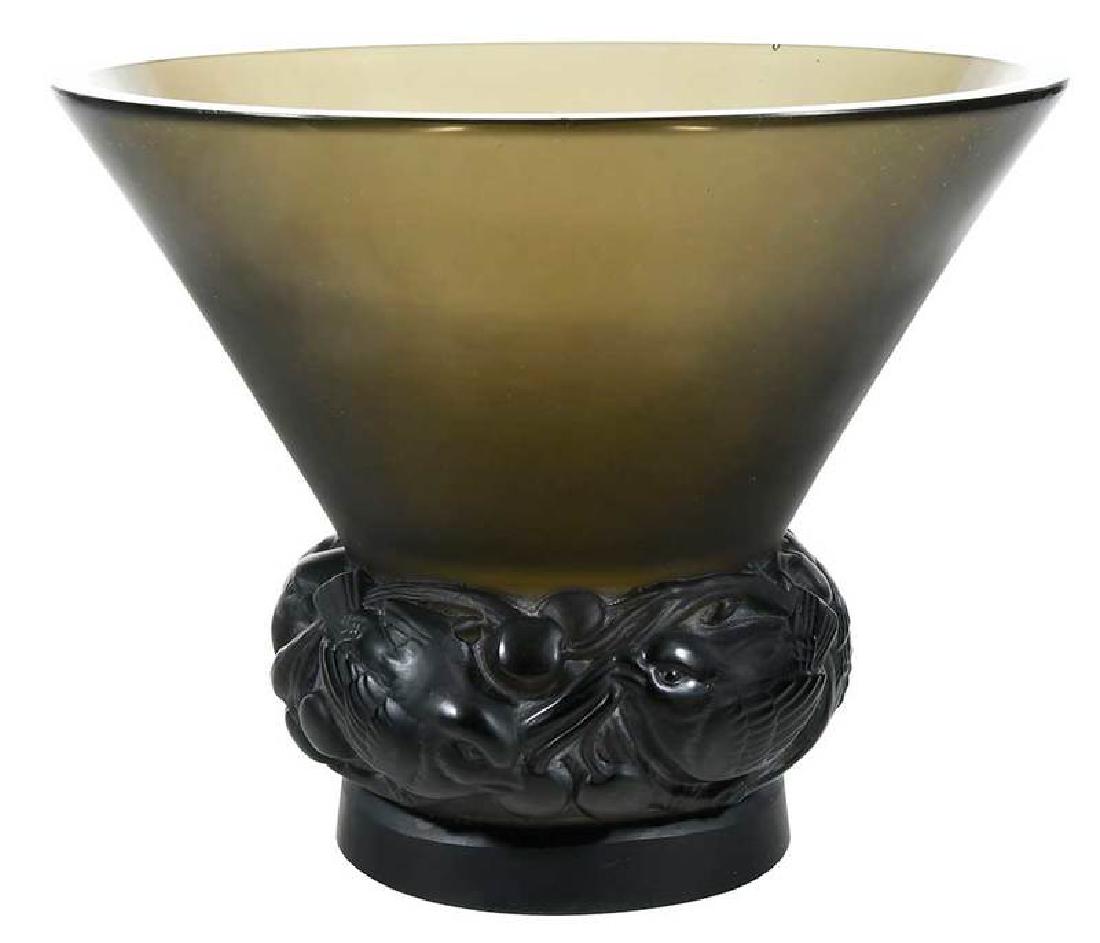 R. Lalique Pinsons Smokey Glass Vase: model introduced 1930, model no. 1038, acid etched "R.LALIQUE", 7-1/4 in. , Provenance: Estate of Dr. Philip George, Memphis, Tennessee