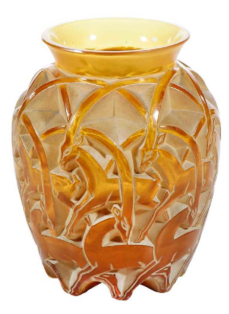 R. Lalique Chamois Amber Glass Vase: model introduced in 1931, model number 1074, engraved indistinctly "R.Lalique/France", 4-3/4 in. , Provenance: Estate of Dr. Philip George, Memphis, Tennessee