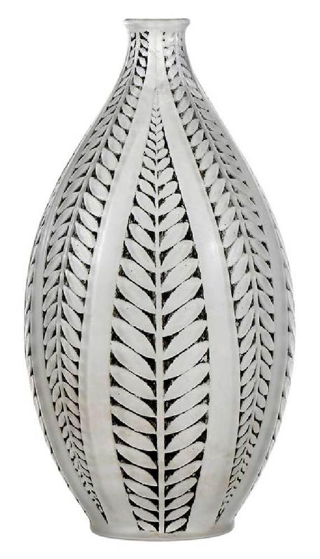 R. Lalique Acacia Glass Vase: frosted with black patina,model introduced 1921, model number 949, molded "R.LALIQUE" and engraved "R.Lalique", 8-1/8 in. , Provenance: Estate of Dr. Philip George, Memphis, Tennessee