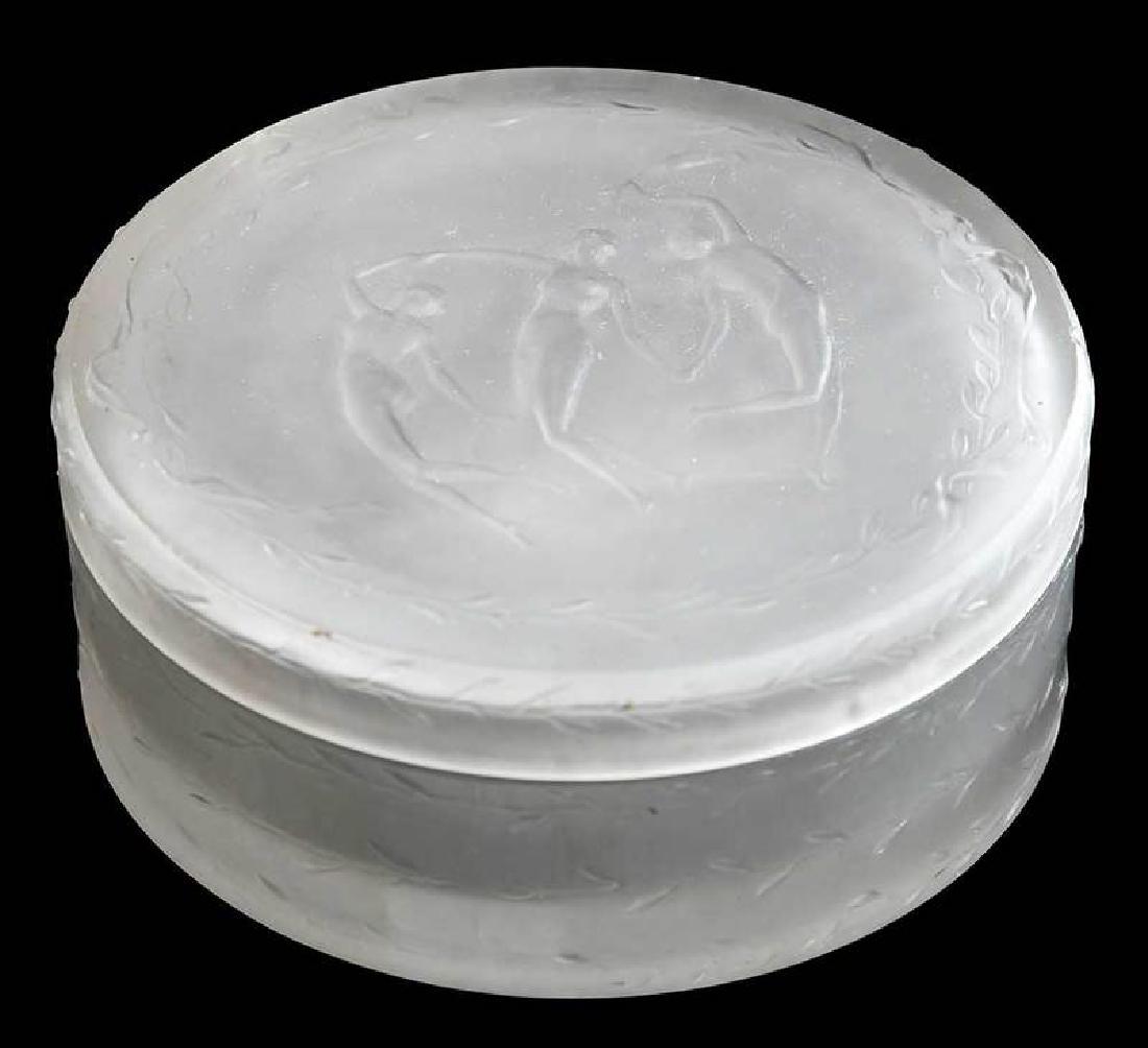 R. Lalique Trois Figurines Frosted Box: model introduced 1913, model D'Orsay-Box-1, molded "R.LALIQUE", 3-3/4 in. diameter , Provenance: Estate of Dr. Philip George, Memphis, Tennessee