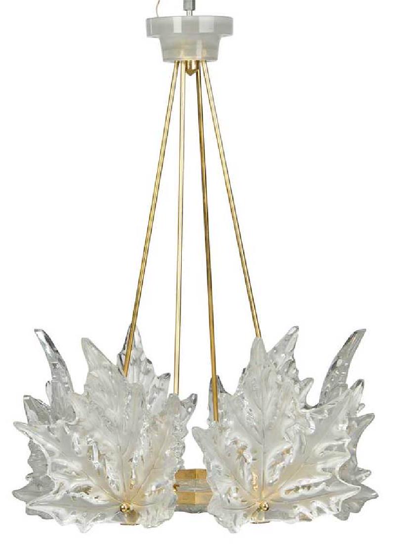 Lalique Champs-Elysees Chandelier: France, after 1978, six sockets with frosted and clear glass, gold metal, etched "Lalique France", 23 x 22 in. , Provenance: Estate of Dr. Philip George, Memphis, Tennessee