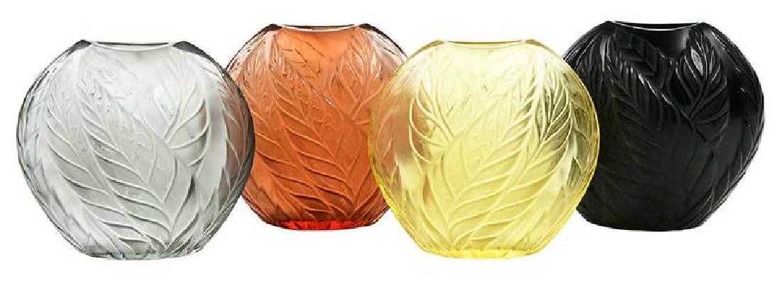 Four Lalique Glass Filicaria Pillow Vases: all engraved with "Lalique France", some with Lalique adhesive label, all approximately 4-1/2 in. , Provenance: Estate of Dr. Philip George, Memphis, Tennessee