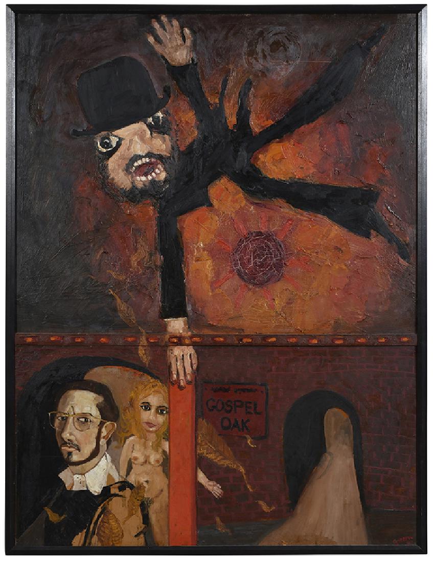 Anthony Green: (British, born 1939) Gospel Oak, Self Portrait, signed lower right "Green.64", collector's label verso, oil on Masonite with applied wood elements, 48 x 36 in.; modern frame, 49-3/8 x 37-1/8 in. 