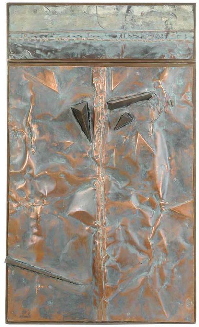 Anton Weiss: (Nashville, Tennessee/New York, 20th/21st century) Eruption, inscribed verso, copper and brass on steel frame, 54 x 32 in. Note: "Over the course of recorded history, man has felt compelled to