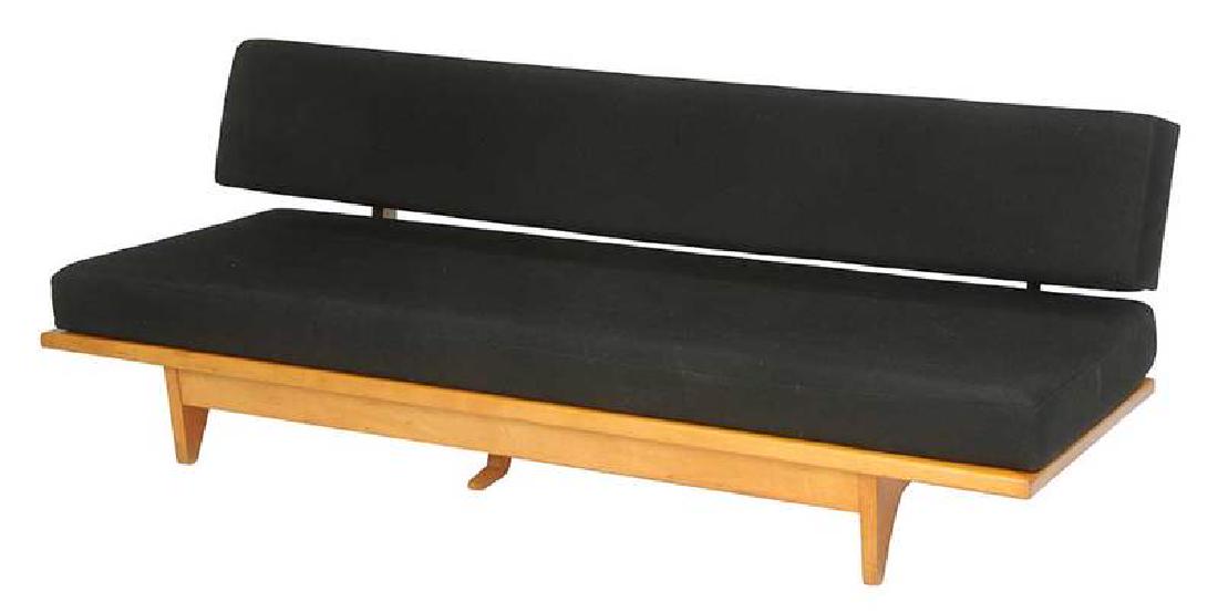 Stein for Knoll Model 700 Sofa: 1947-1961, label for H. G. Knoll, Richard Stein (American, 1917-1990), beech frame, folds into a daybed by pressing lever, black upholstery, tufted back, 27-1/2 x 34-1/2 x 77 in. Note: Lot is accompan