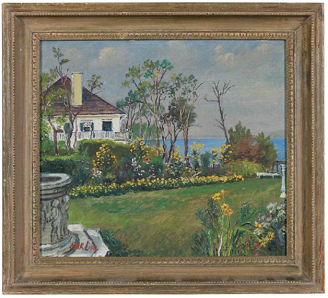 David Davidovich Burliuk: (New York/Ukrainian, 1882 -1967) Long Island Cottage Garden, signed lower left "Burliuk", oil on canvas, 16 x 18 in.; painted wood frame, 20-1/2 x 22-1/2 in., Provenance: Collection of Nath