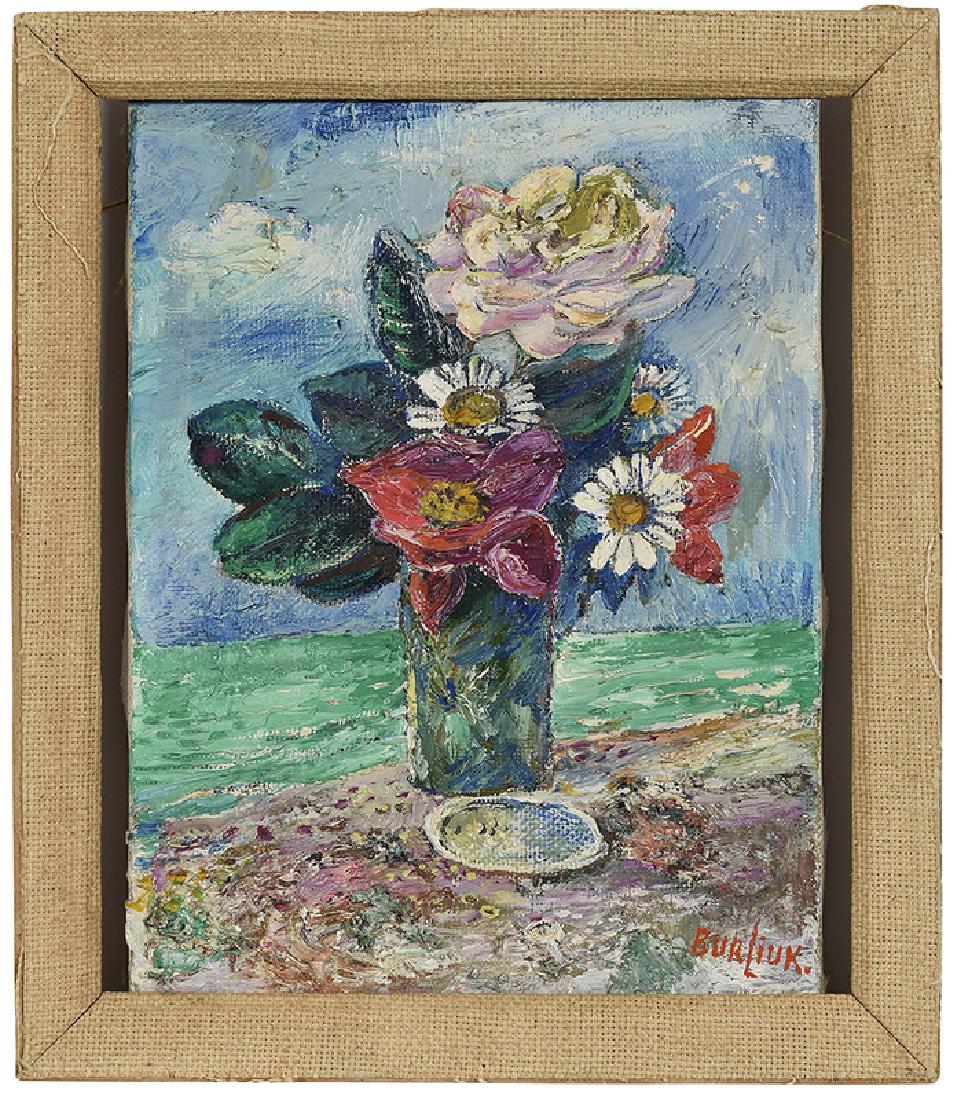 David Davidovich Burliuk: (New York/Ukrainian, 1882 -1967) Still Life of Flowers and Shell on a Beach, signed lower right "Burliuk" and signed and inscribed verso stretcher "To our dearest Friends/Natalie Isel Reich