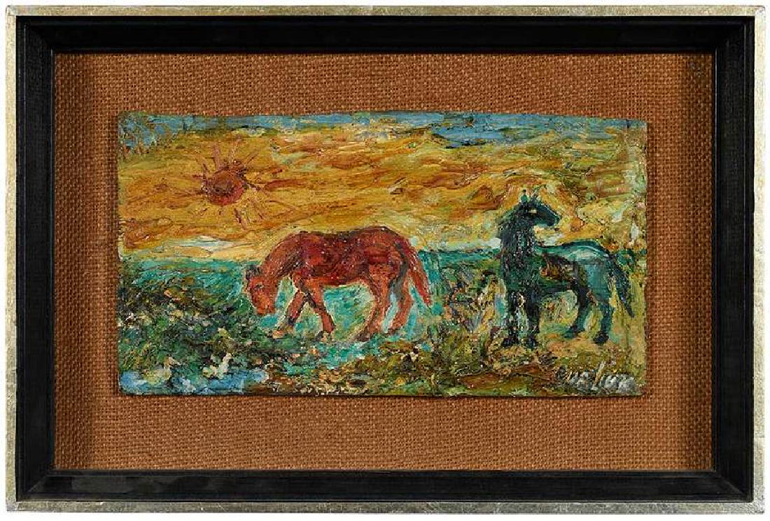 David Davidovich Burliuk: (New York/Ukrainian, 1882 -1967) Two Horses On Shore, signed lower right "Burliuk", oil on panel, 5-3/8 x 10-1/4 in.; original frame, 9-3/8 x 14-1/8 in., Provenance: Collection of Nathalie