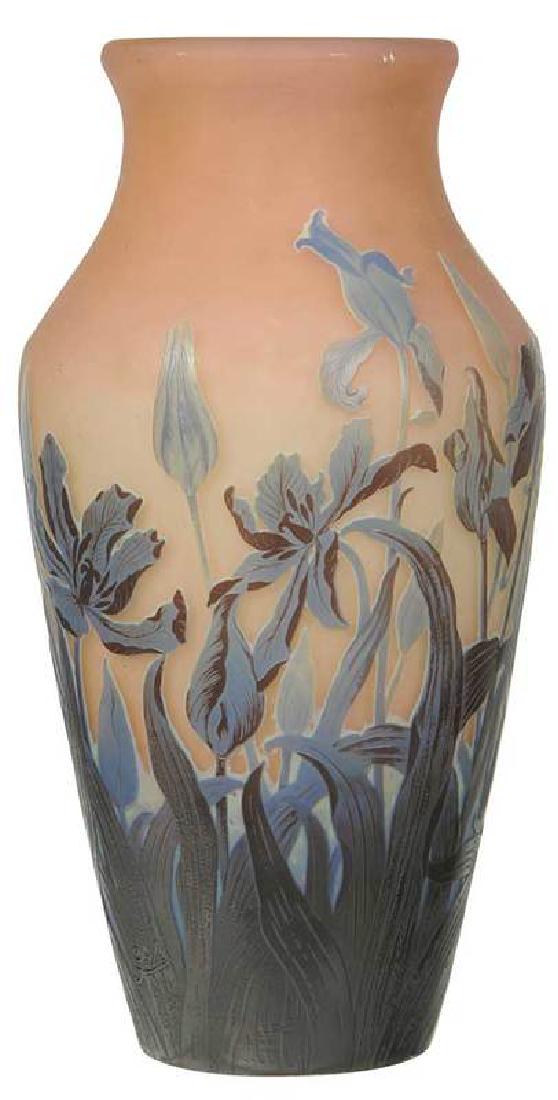 Gallé Cameo Glass Tulip Vase: French, early 20th century, cameo cut blue tulips on salmon ground, signed Gallé on side, 17 in. , Provenance: Robert Lee Humber; Lucie Bertier Humber, Paris, France/G