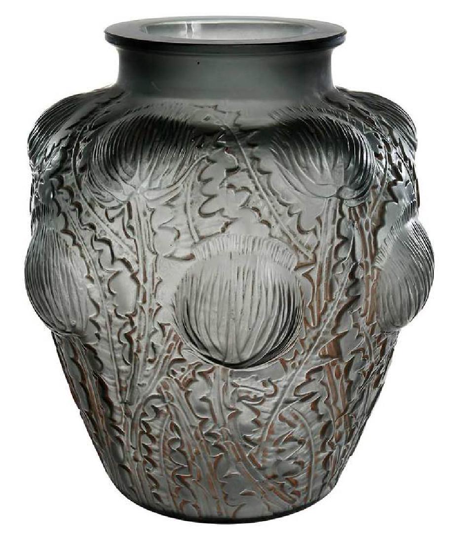 R. Lalique Smokey Topaz Domremy Glass Vase: with orange patination, model introduced in 1926, model number 979, engraved "R.Lalique/France", 8-1/2 in. , Provenance: Robert Lee Humber; Lucie Bertier Humber, Paris, France/Greenville, North Caroli
