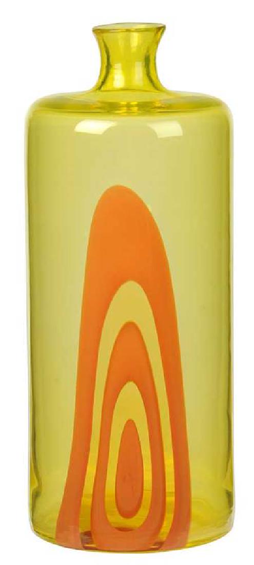 Fratelli Tosso Yellow Art Glass Vase, Murrine: Italian, 20th century, attributed to Peter Pelzel possibly from the "Saturno" collection (circa 1968) for Fratelli Tosso, yellow body with orange murrine style swirl, 13-1/2 in. Note: See s