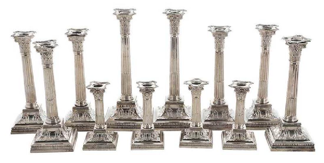 Set of Twelve English Silver Candlesticks: Sheffield, 1894-1900, square bases, stop reeded columns, bead border, no monograms, all with marks for James Dixon & Co., weighted bases, six pairs from 6-1/2 in. to 13 in. , Provenance: Proper