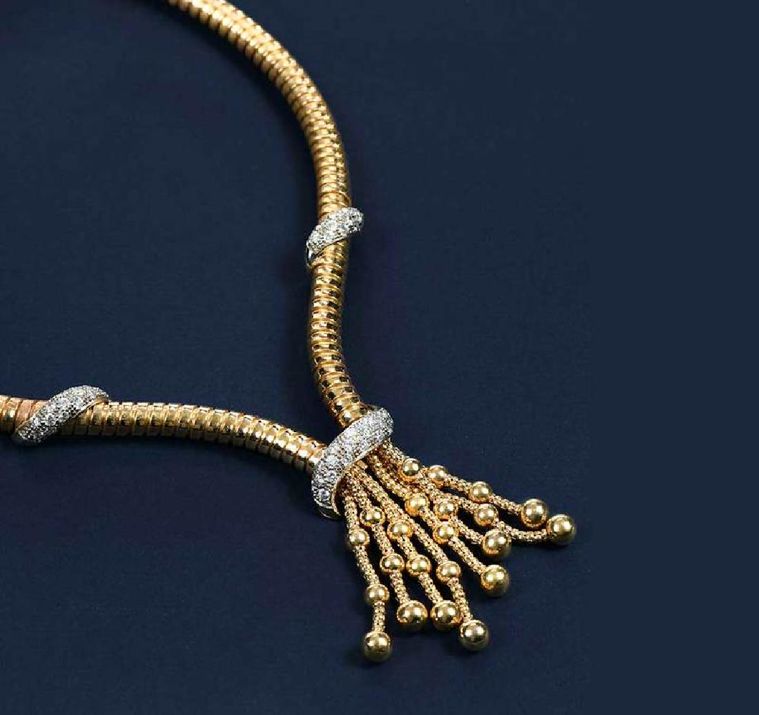 18kt. Gold & Diamond Necklace: round tubogas necklace, 46 round brilliant diamonds estimated total weight 2.75cts., F-H, VS, round bead tassels, clasp stamped "Kt 18" and with Italian hallmarks, yellow gold, 17 in. lg., 75.9 grams 