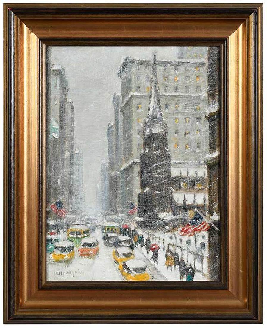 Guy Carleton Wiggins: (American, 1883-1932) Broadway and Old Trinity in the Snow, signed lower left "Guy Wiggins", titled in the artist's hand verso "Broadway & Old Trinity", oil on canvasboard, 16 x 12 in.; modern carved&