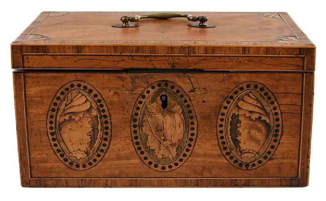 Fine George III Satinwood Inlaid Shell Tea Caddy: British, early 19th century, three shell panels front and corner fan inlay on lid, brass bail handle, 5-3/4 x 11 in. , Provenance: Northeast Auctions, New Hampshire, lot 1088; Property from an Importa