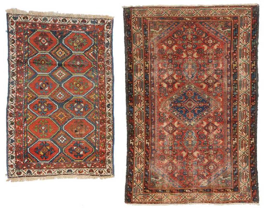 Two Persian Rugs: Caucasian, circa 1900, one Herati design with fish motif and central serrated diamond pattern, spandrels with bird motif, 6 ft. 1 in. x 4 ft.; one with two rows of hexagonal bright geometrics, ivory f